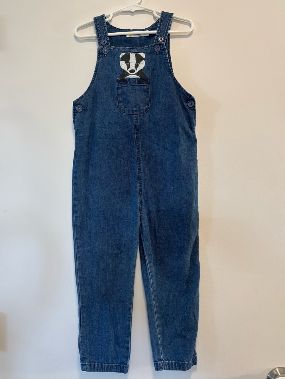 Baby Boden Blue Chambray Overalls Romper Badger Fox Appliqué Child Size 3-4